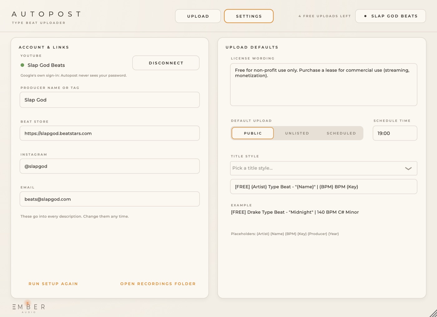 Settings: links, licence wording and title style