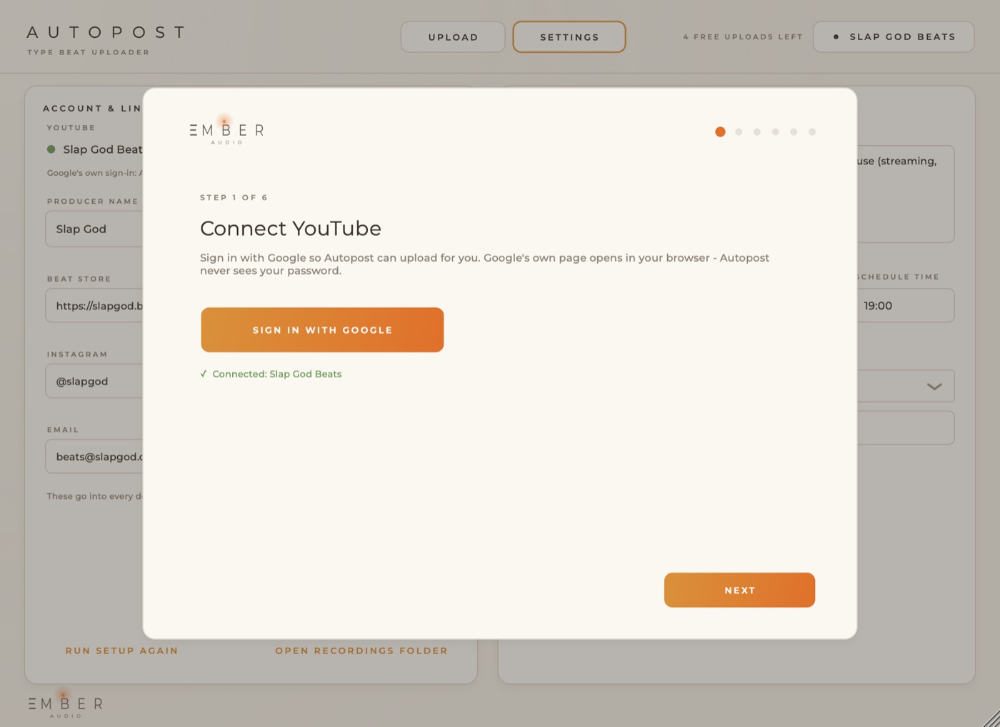 Setup: connect YouTube