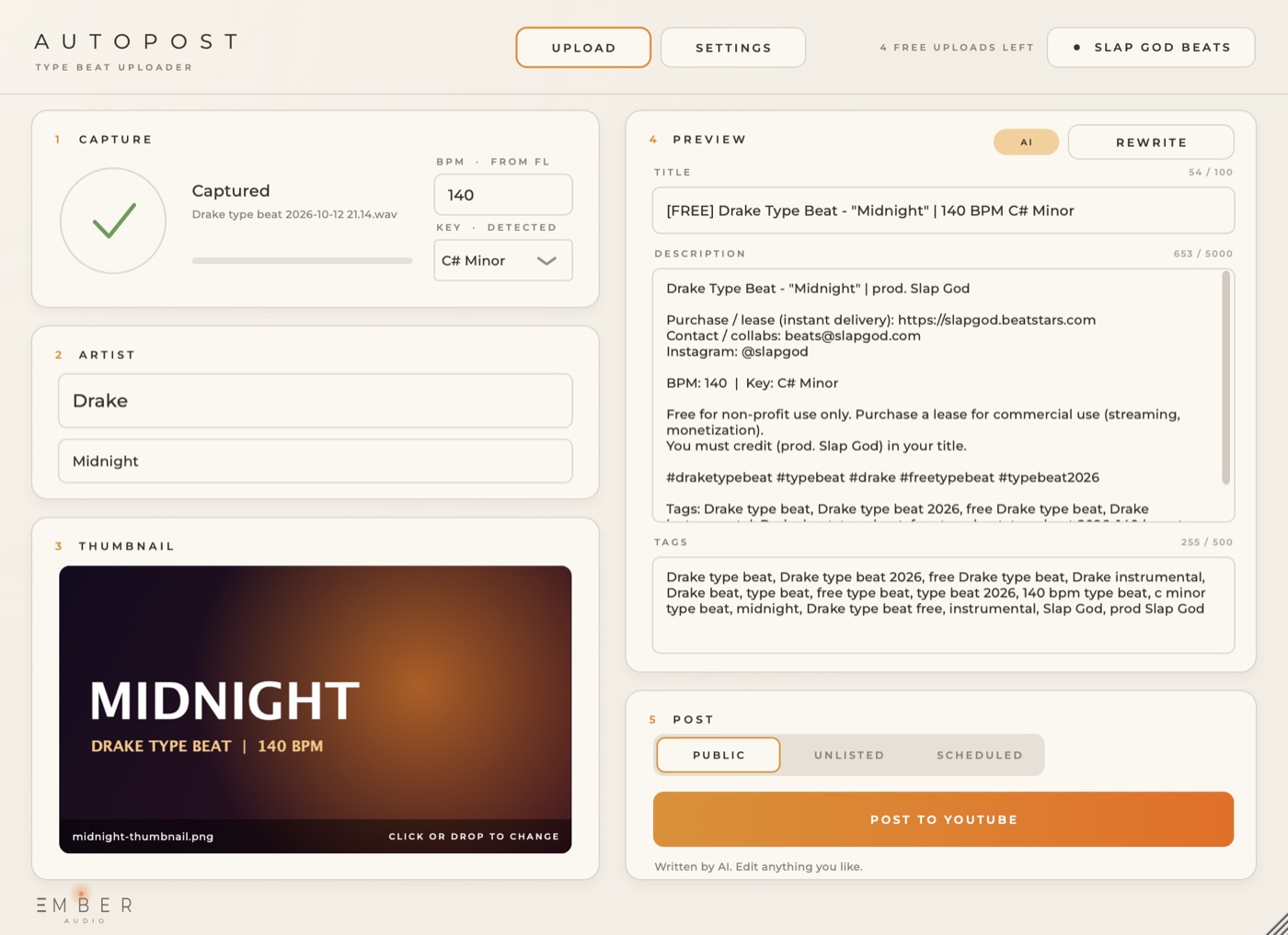 Upload screen: capture, artist, thumbnail, written text and post